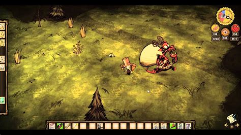 A key game mechanic in Don't Starve is a day night cycle. During the day, players are free to explore, build and prepare for the inevitable night. At night is when monsters attack. Wilson must have some sort of light source available to survive the night, as otherwise the screen goes completely black and the player is defenseless.